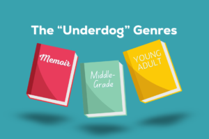 Clipart of three books titled Memoir, Middle-grade, and Young Adult under the text "The Underdog Genres"
