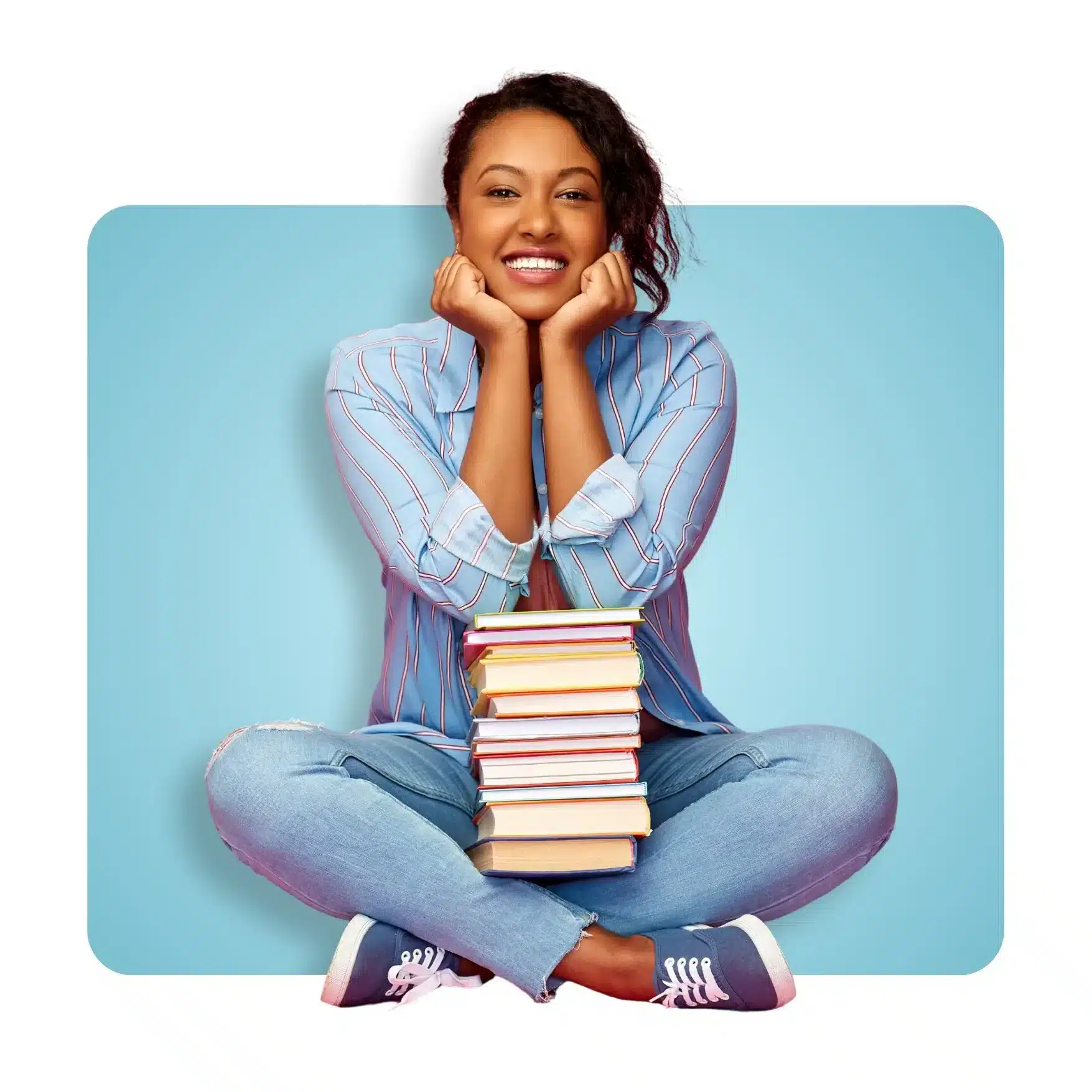 Book Title Generator Image with woman leaning on book stack 1.webp