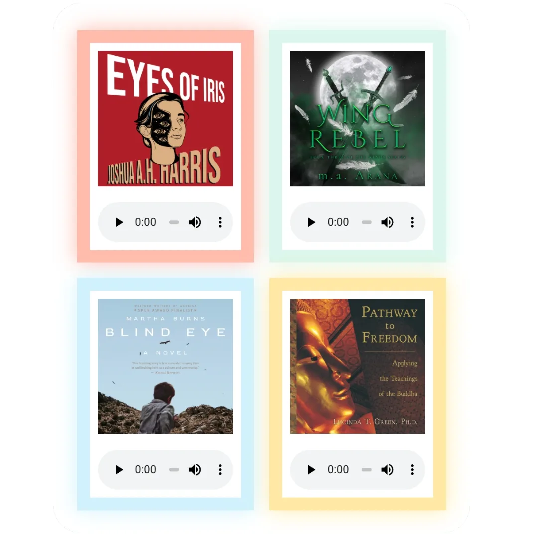 audiobook examples eyeson on iris, wing rebel, blind eye, pathway to freedom
