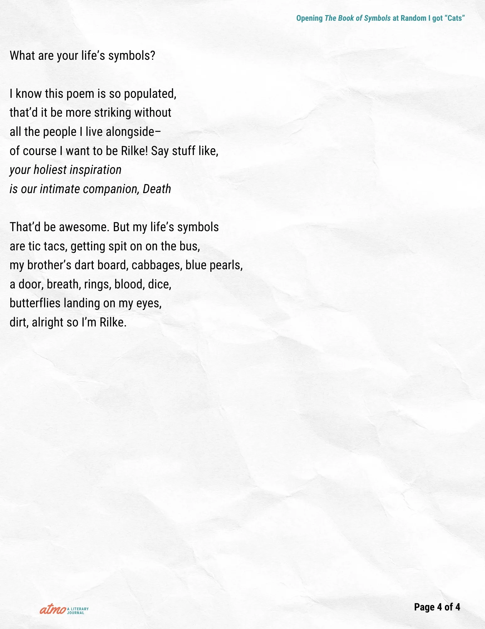 Opening The Book of Symbols at Random I got “Cats” by Chessy Normile