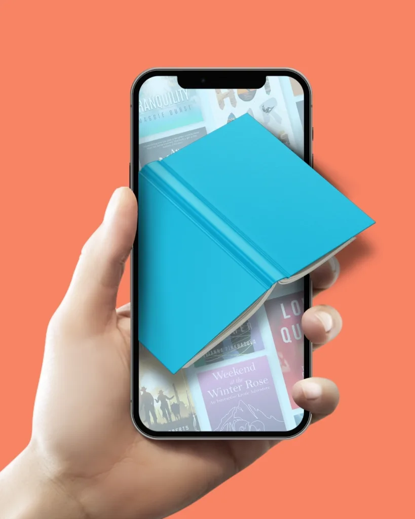 Photo of a hand holding a cell phone with a book emerging from it.