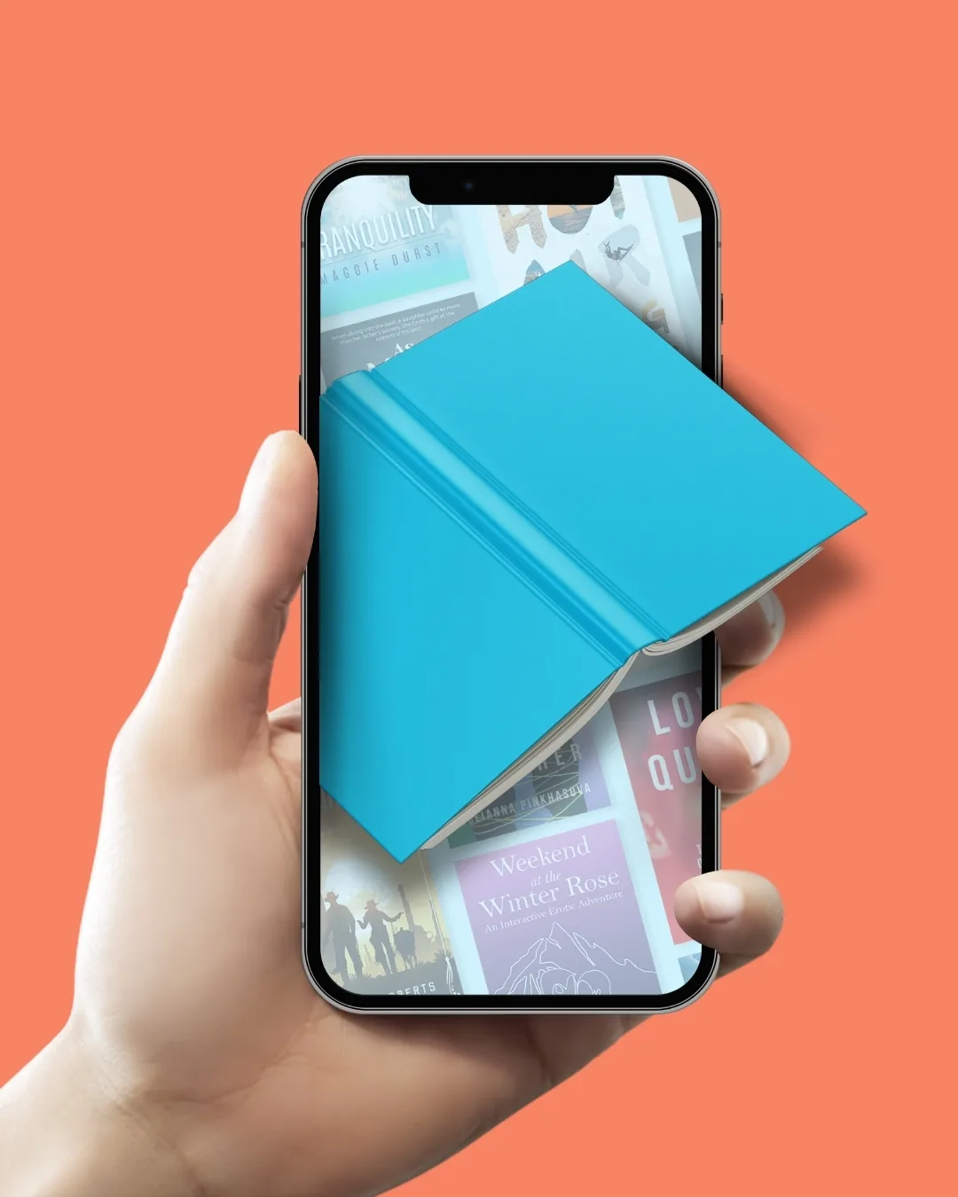 Photo of a hand holding a cell phone with a book emerging from it.
