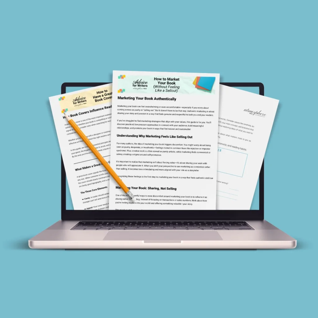 Photo of laptop with 3 pieces of paper plus a pencil popping out showing examples of the blog articles